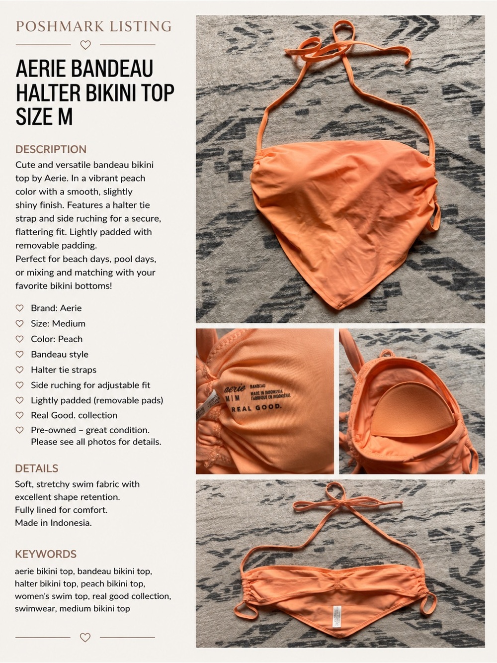 aerie Peach Bandeau Halter Bikini Top